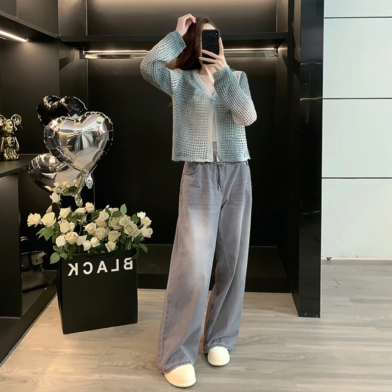 设计感小众毛衣开衫吊带短外套罩衫小外套美式复古阔腿牛仔裤直筒