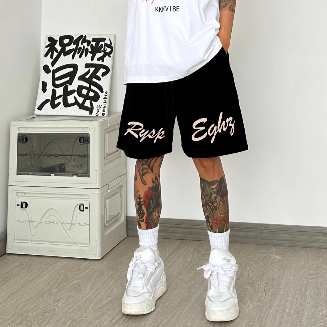 HIP潮牌美式篮球短裤男生休闲运动字母印花抽绳纯棉大码五分裤子