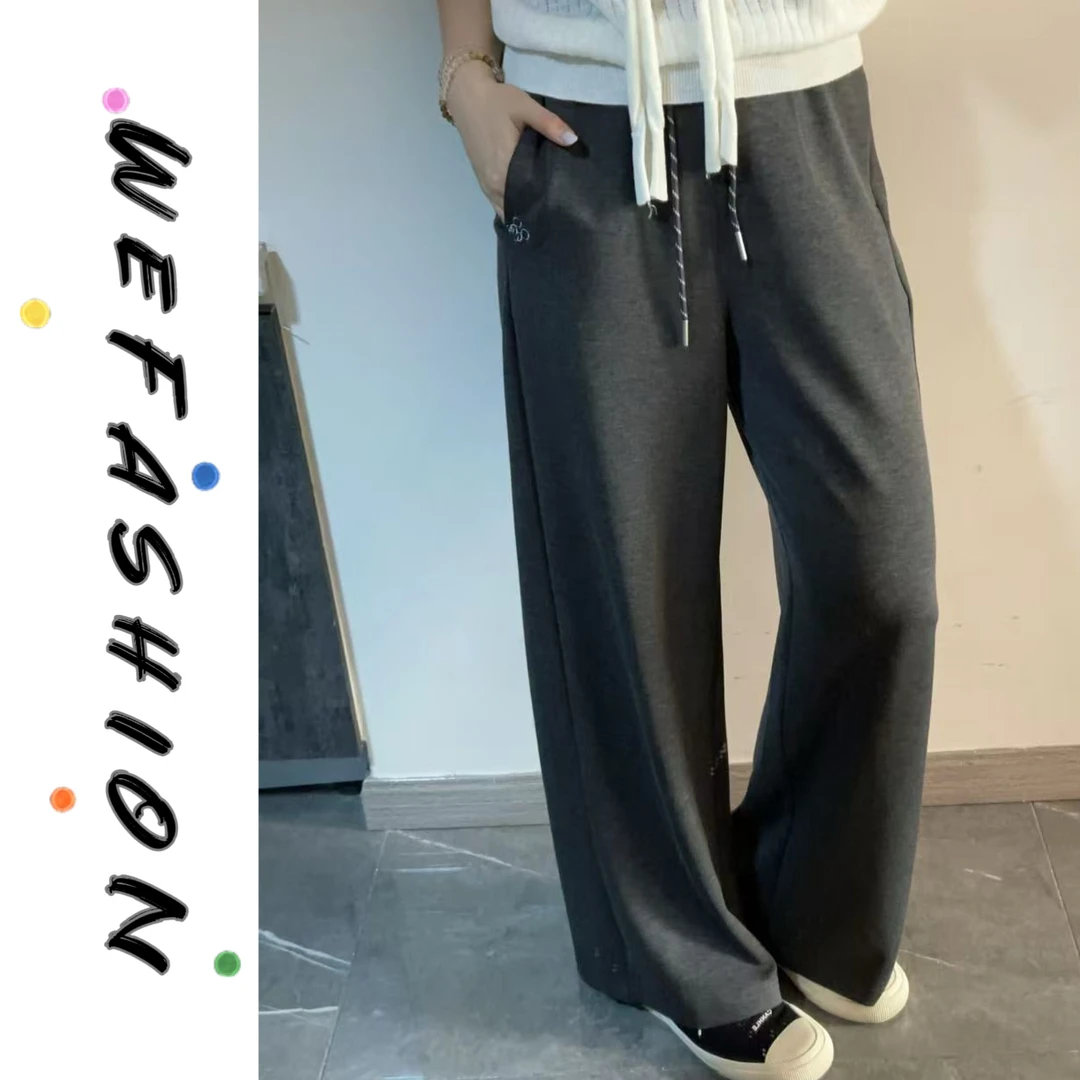 【WE】优可丝～刺绣logo抽绳运动休闲直筒裤