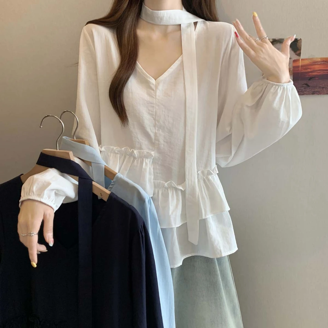 2025秋季新款V领不规则双层荷叶边衬衣女胖mm百搭显瘦单上衣法式