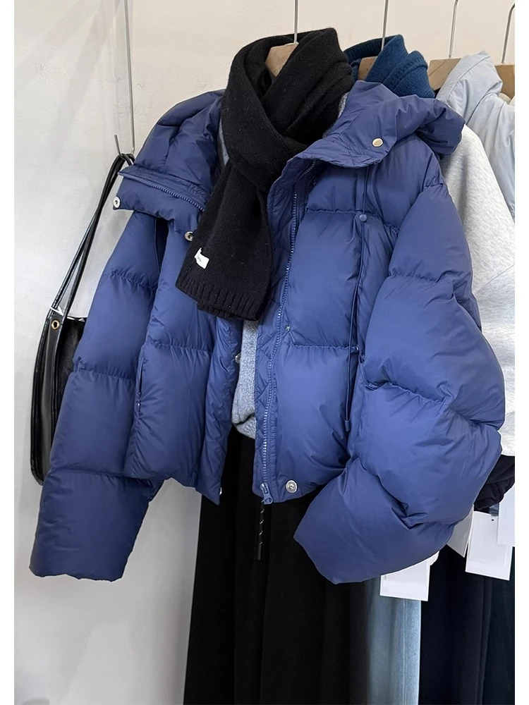 冬季2024年新款爆款韩系小个子高级感超好看蓝色连帽棉服外套女装