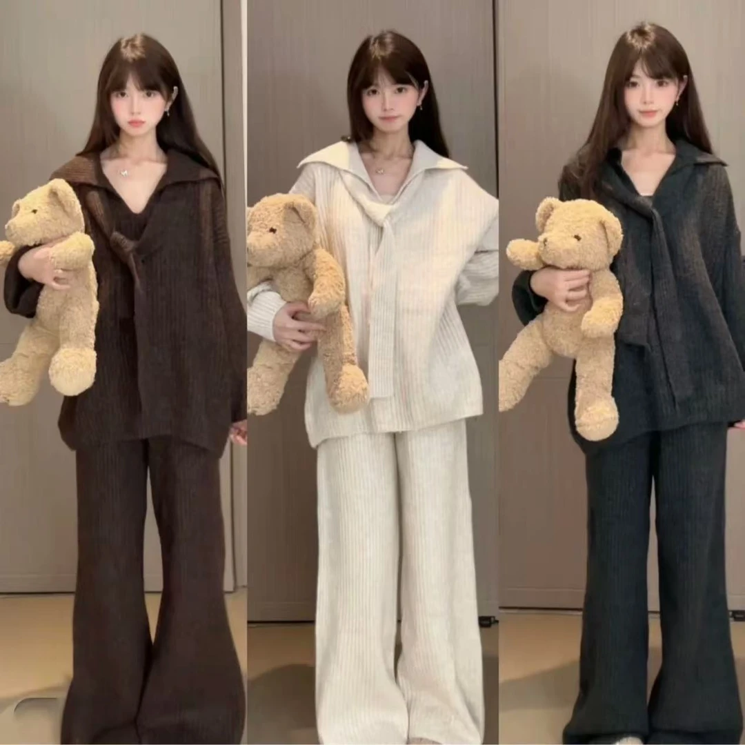 秋冬慵懒风纯色毛衣+简约百搭休闲裤套装配飘带高级感加厚毛衣女