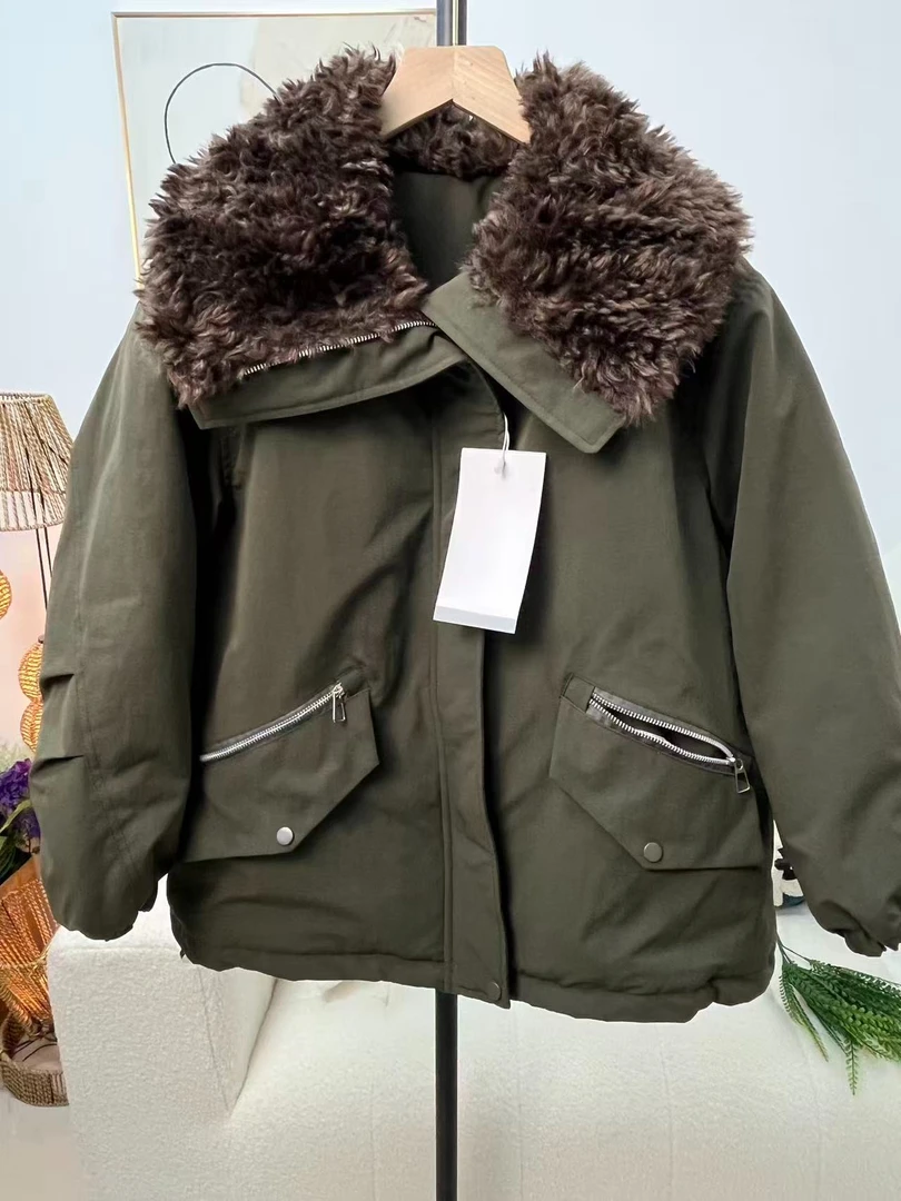 Y32区839军绿色翻领厚款棉服加绒保暖毛领棉衣