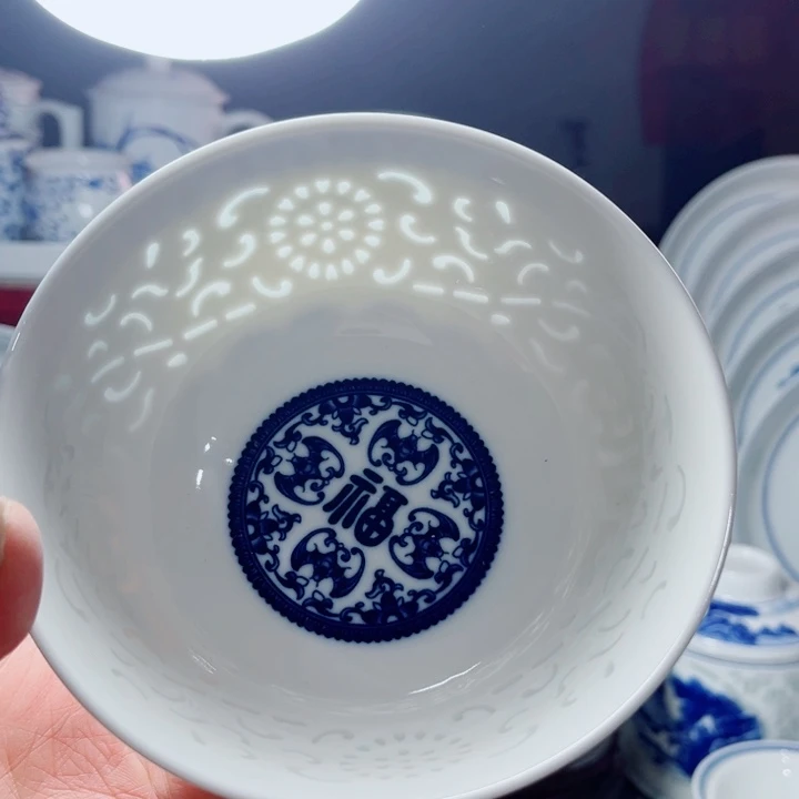 青花玲珑5寸饭碗满雕满福