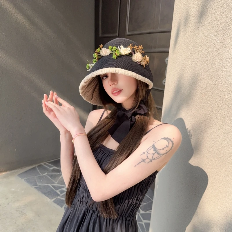 CREAMPP 原创春夏草编亚麻复古洛丽塔森系侍女帽花卉遮阳宽檐盆帽