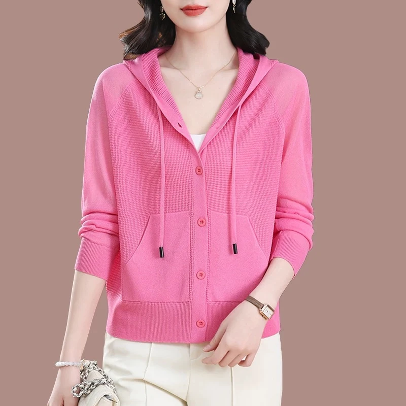 夏季带帽冰丝针织开衫薄款外套女宽松休闲新款卫衣洋气减龄防晒衣