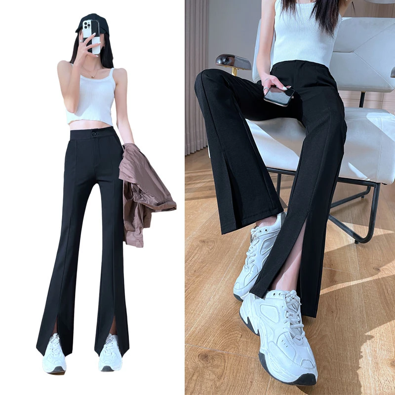 高腰微喇裤女2025修身显瘦开叉喇叭裤垂感休闲西装裤小个子长裤女