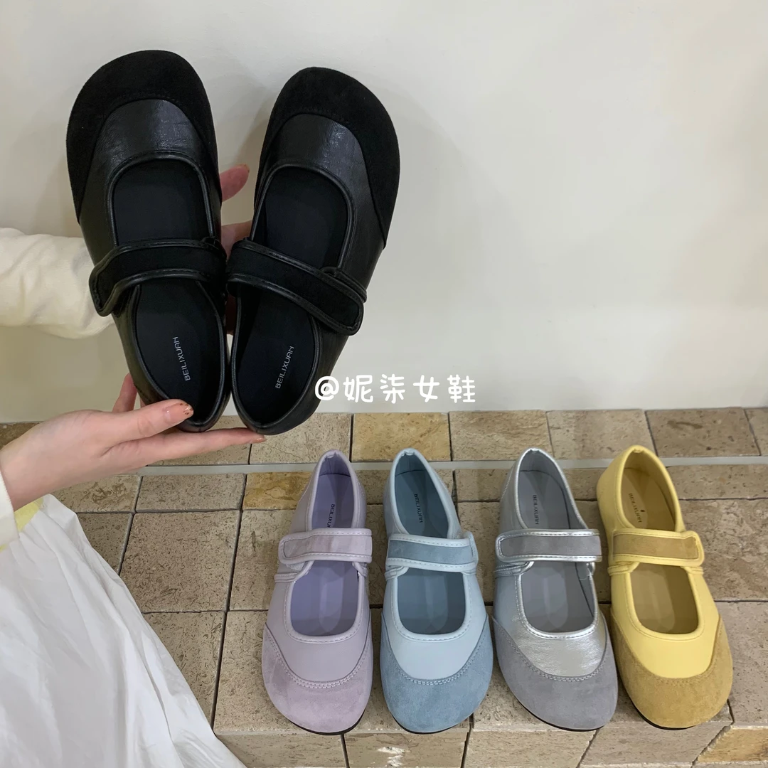 韩版复古拼接玛丽珍女鞋浅口圆头百搭平底奶奶鞋软底不累脚单鞋