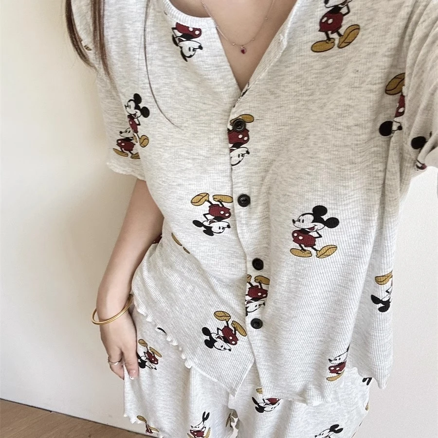 代尔棉睡衣女夏季可爱米奇短袖长裤三件套薄款可外穿家居服套装