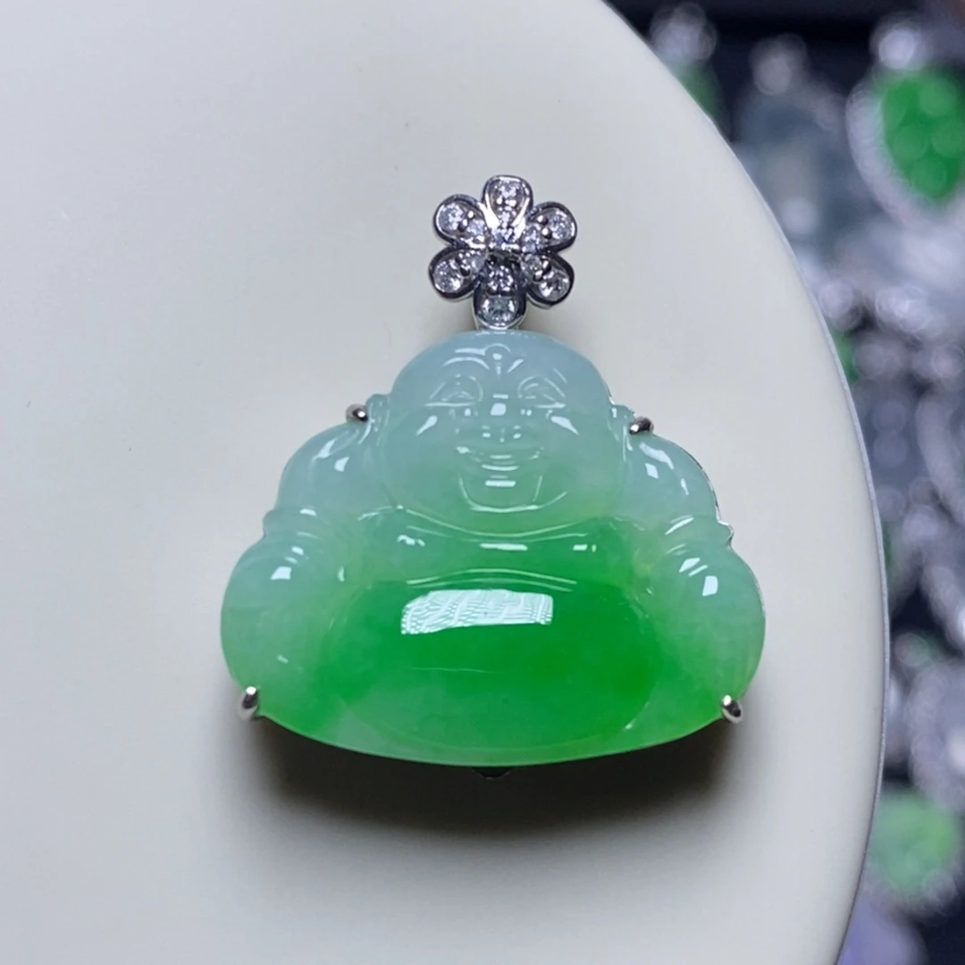 翡翠18K金镶嵌吊坠(不含链)飘绿佛公