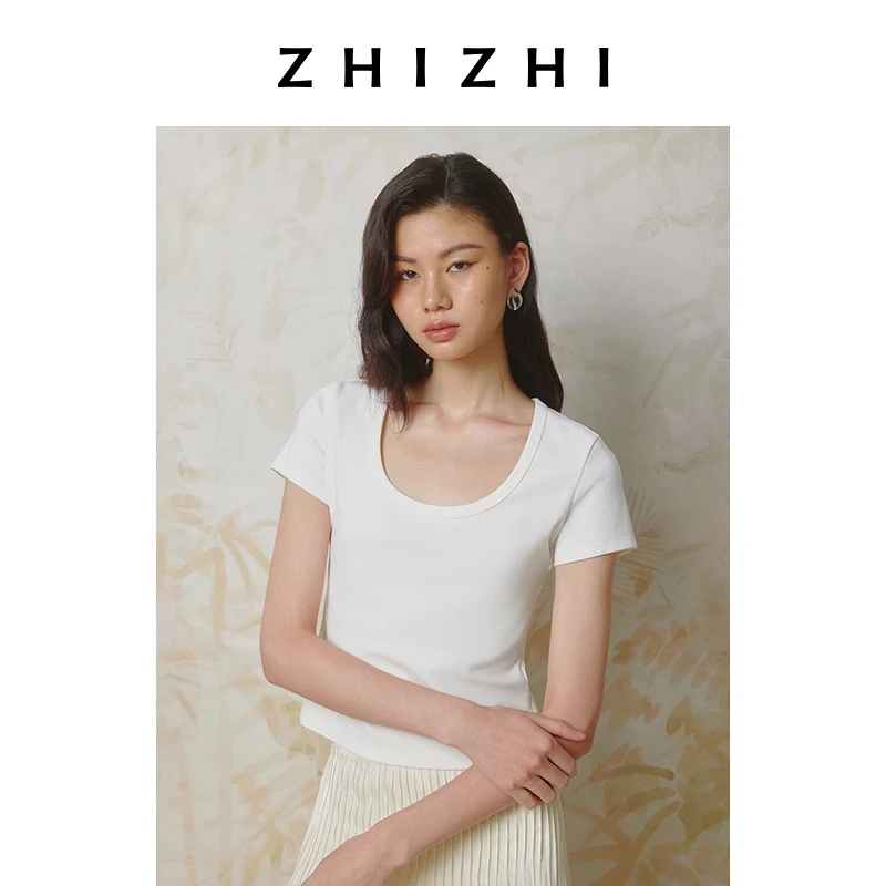 致知 锦鹧鸪 欧若智性风罗纹U领短袖T恤女25春新简约ZZ2ESWTZ008