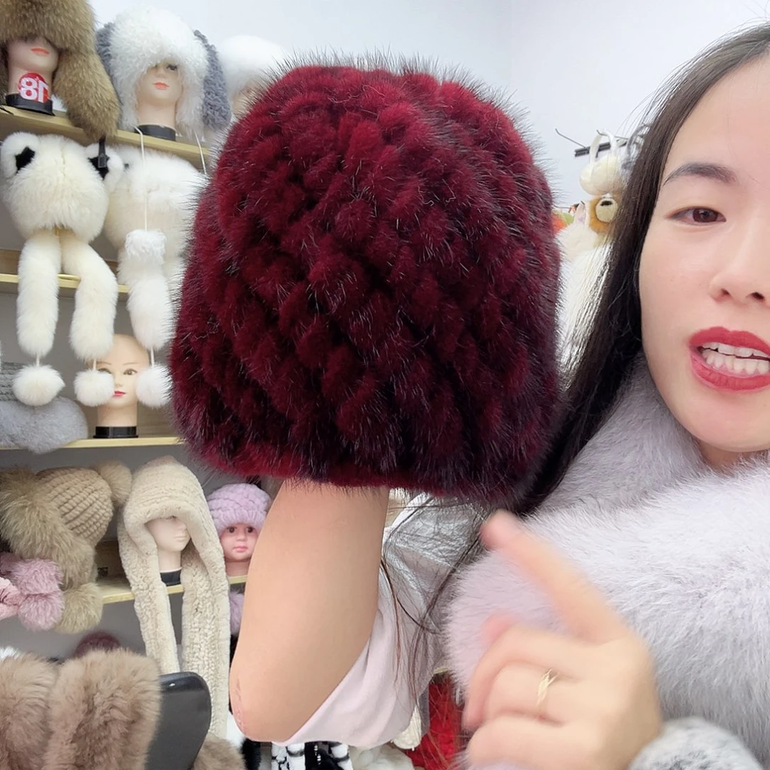 兔毛酒红色水貂菠萝帽