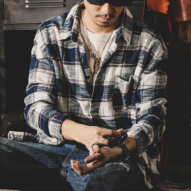 美式重磅复古格子衬衫男长袖宽松大码潮牌衣服春秋新款衬衣外套男