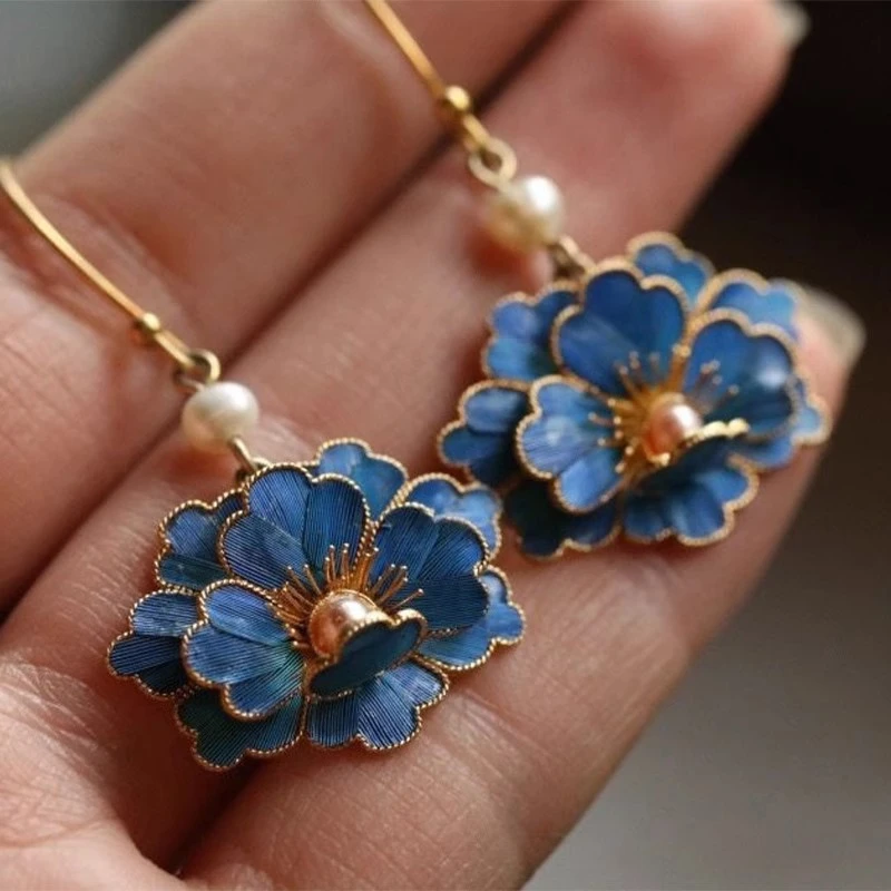 铜合金耳饰 古风景泰蓝花卉耳坠女古法烧蓝珐琅耳环新中式显气质