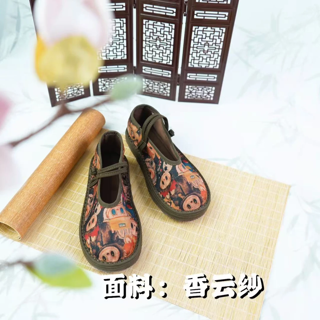 秋上新【布布熊-盘扣】绣花汉服平底圆女士绣花鞋纯手工透气千层