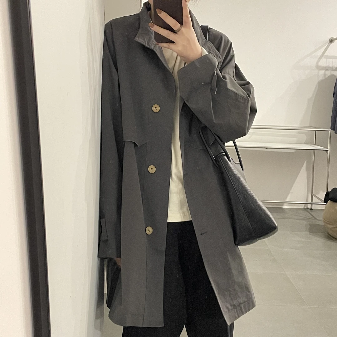 韩国简约灰绿色风衣