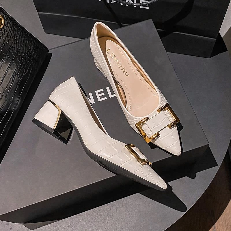 小香风粗跟高跟鞋女年新款法式中跟单鞋晚晚鞋大码女鞋-