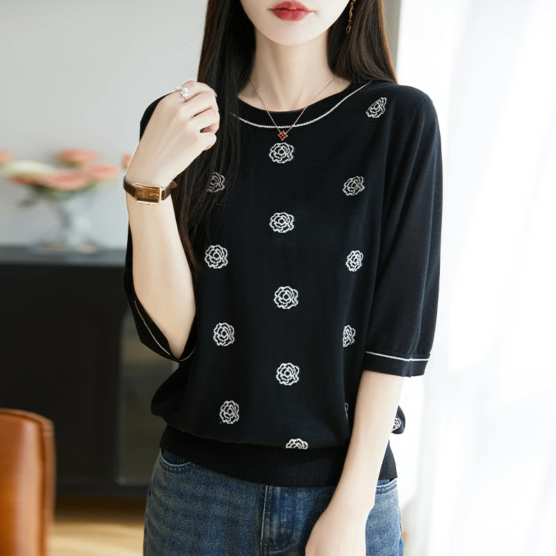 女装圆领宽松显瘦潮牌女装短袖通勤风薄款半袖上衣夏季时尚洋气