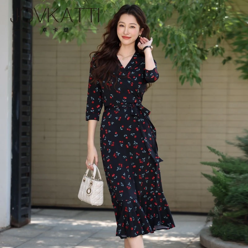 Jovkatti2025夏季新款樱桃印花法式度假连衣裙气质显瘦一片式