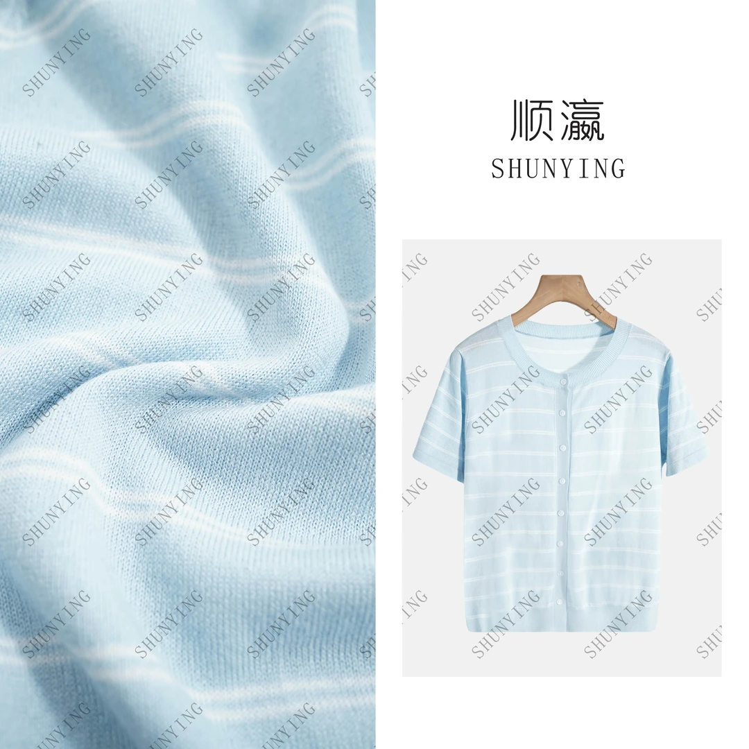 【仟娜】亲肤舒适~洋气减龄时尚圆领单排扣条纹针织短袖SY72T8316