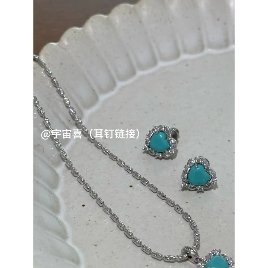 铜合金大理石耳饰 D2-145【蓝绿色石头爱心白锆耳钉】