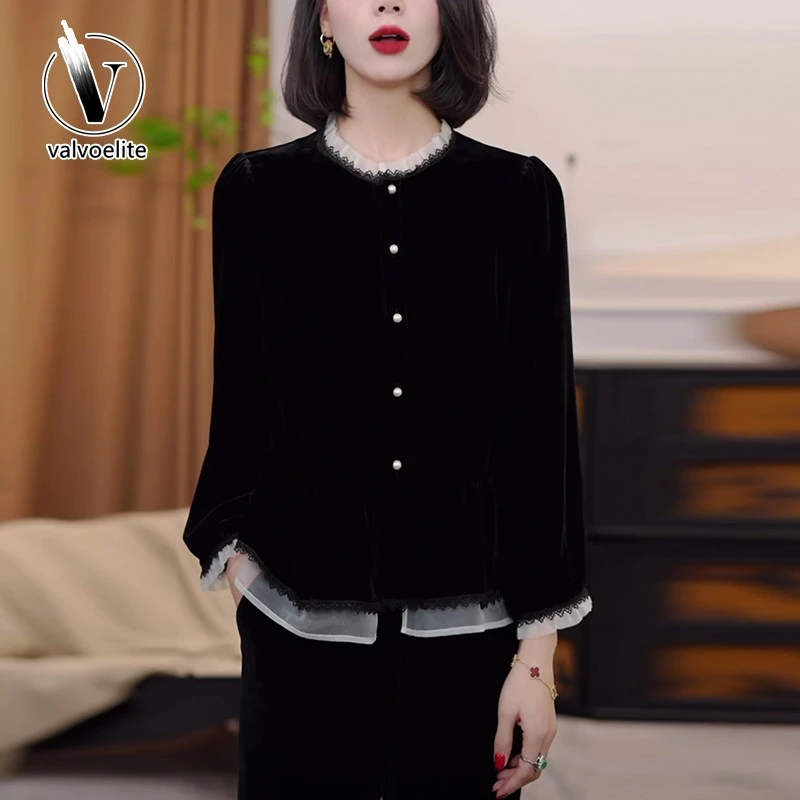 VALVOELITE法式假两件衬衫女士秋气质休闲显瘦黑色丝绒打底衫上衣