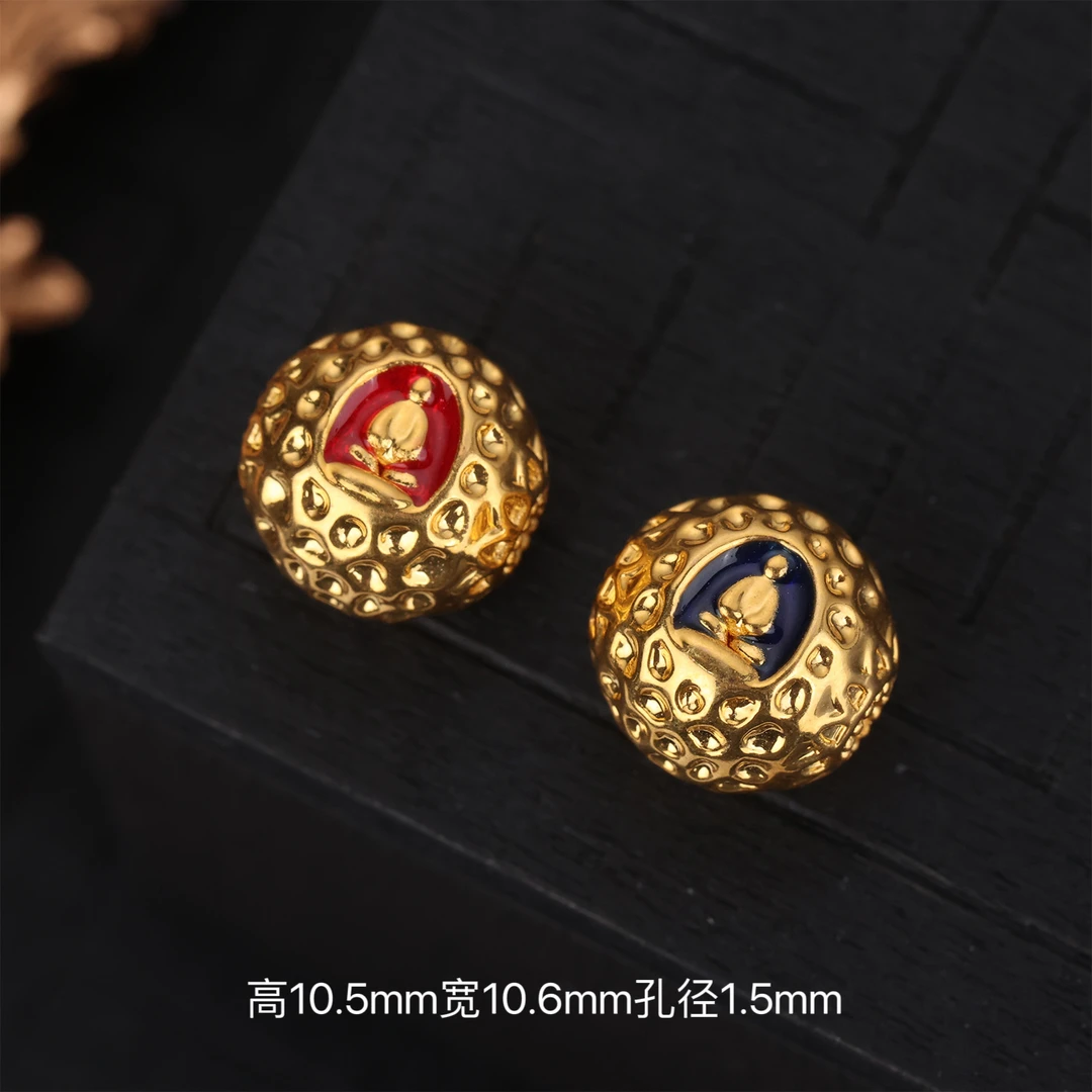 【来福工厂】18k金烧蓝无相佛双面锤纹红蓝10.5mm隔珠顶珠编绳配饰