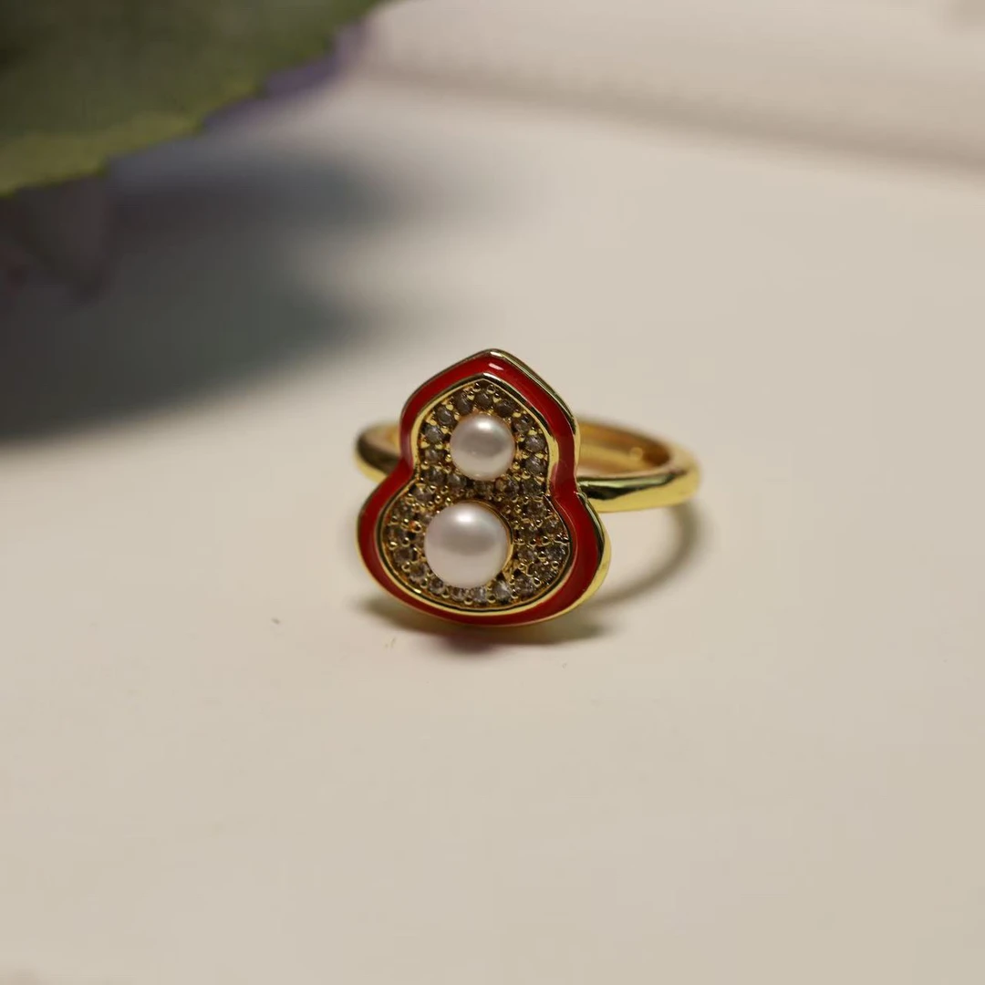 红边双珠葫芦珍珠开口戒指