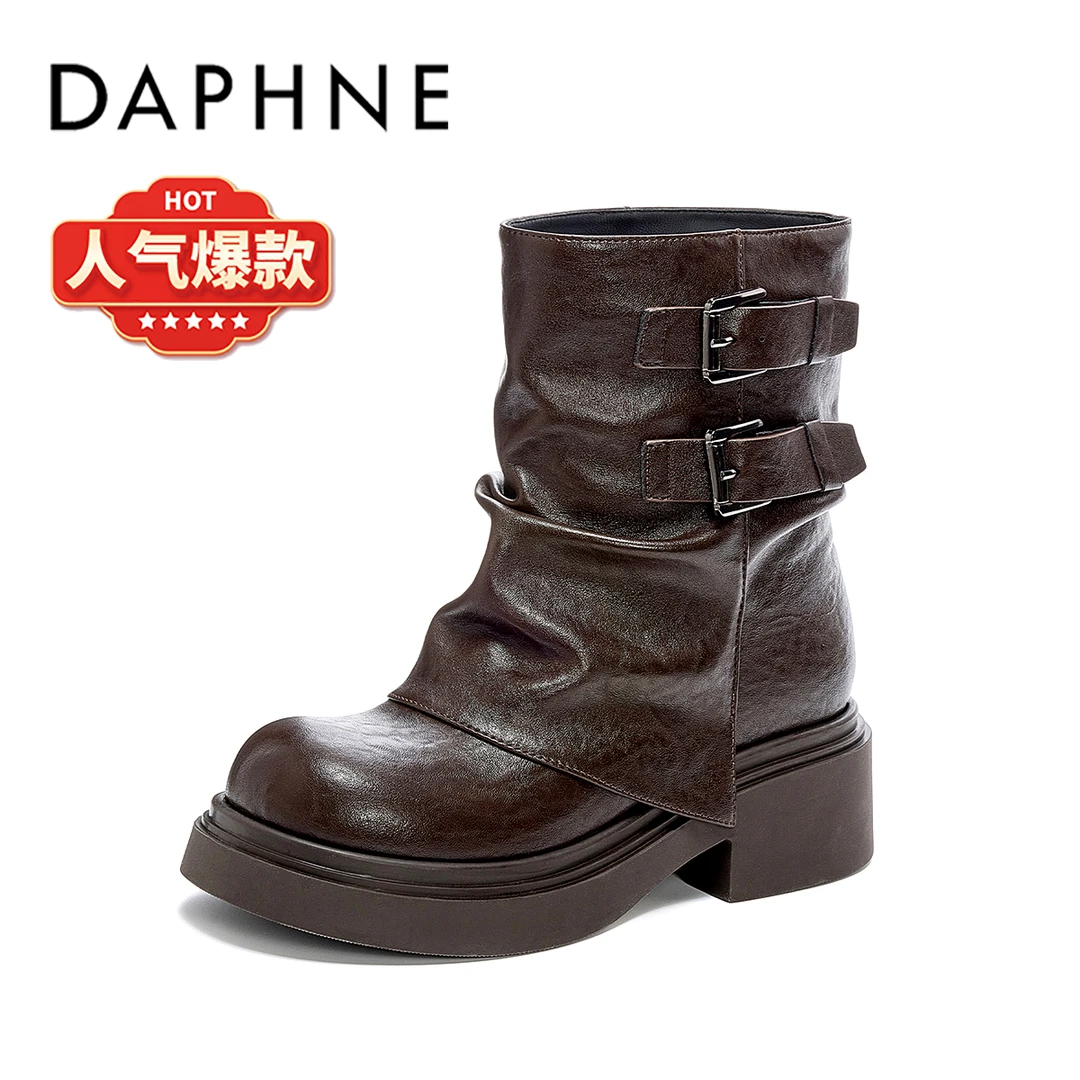 达芙妮琥珀百搭复古西部牛仔靴女2025秋季新款厚底增高褶皱堆堆靴