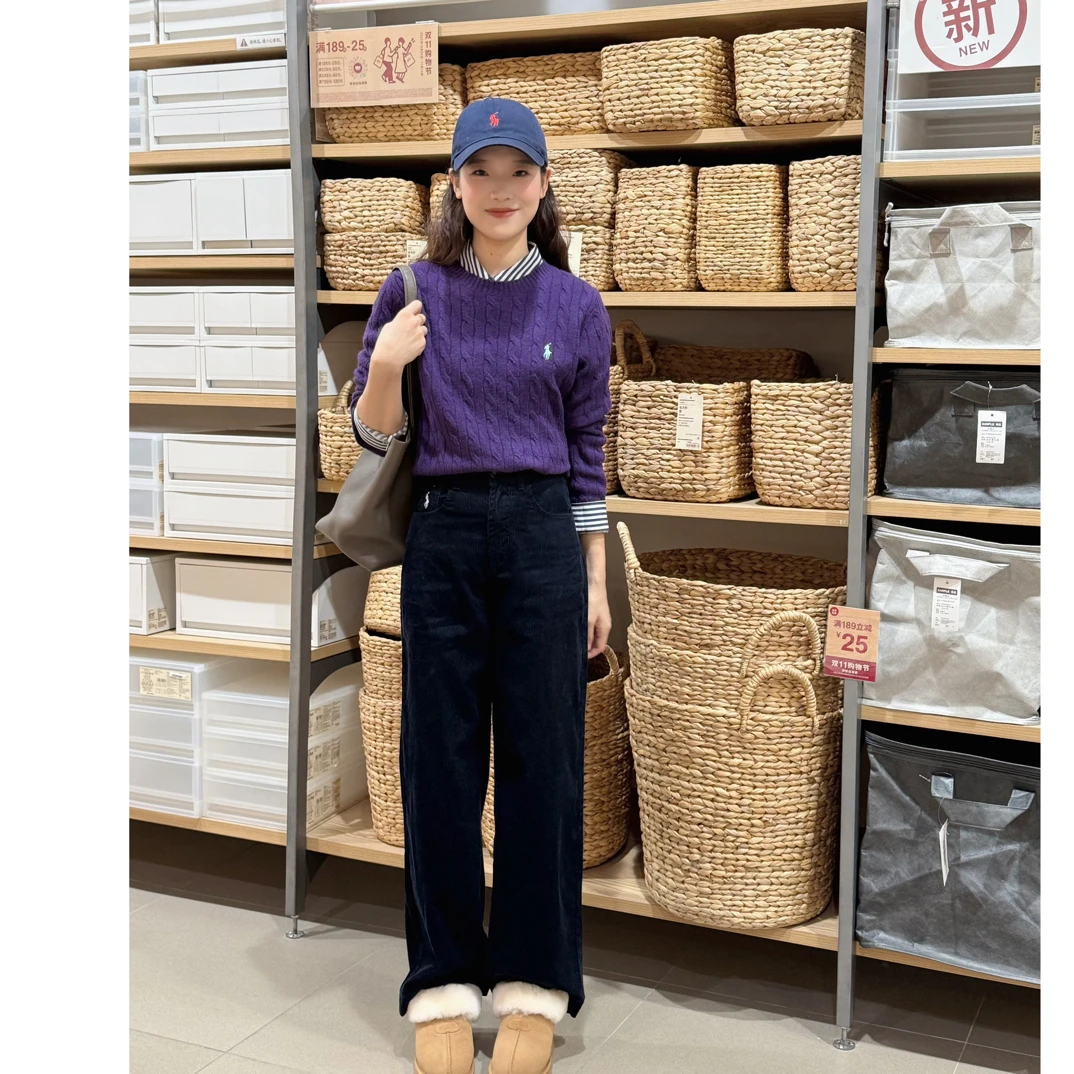 叮叮～心动信号～刺绣撞色直筒设计精梳灯芯绒宽松显瘦休闲直筒裤