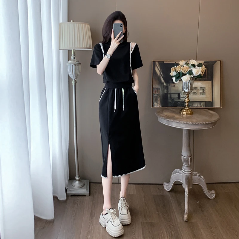 法式慵懒感洋气套装女时尚夏气质老钱风黑色短袖休闲半身裙两件套