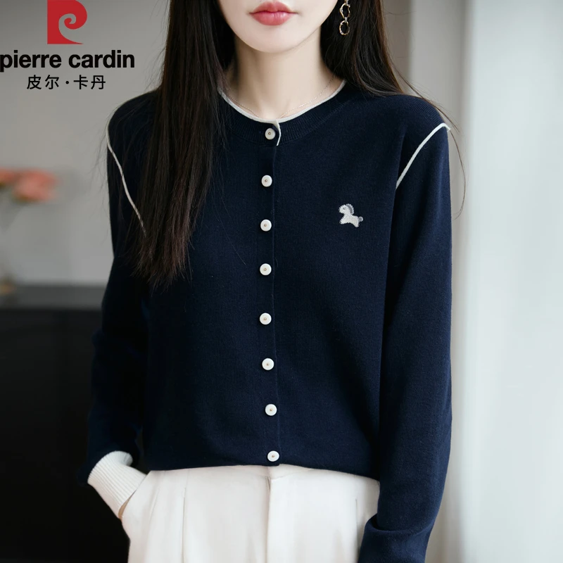 皮尔卡丹新款圆领撞色刺绣小马假两件针织开衫洋气薄款内搭上衣女