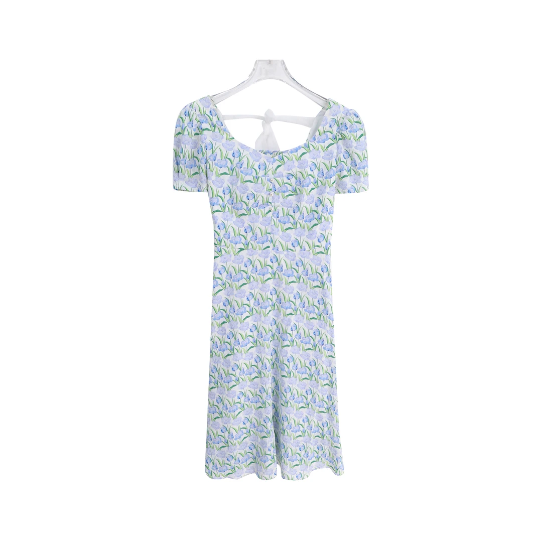 法式方领高腰显瘦时尚碎花蕾丝系带连衣裙A13240