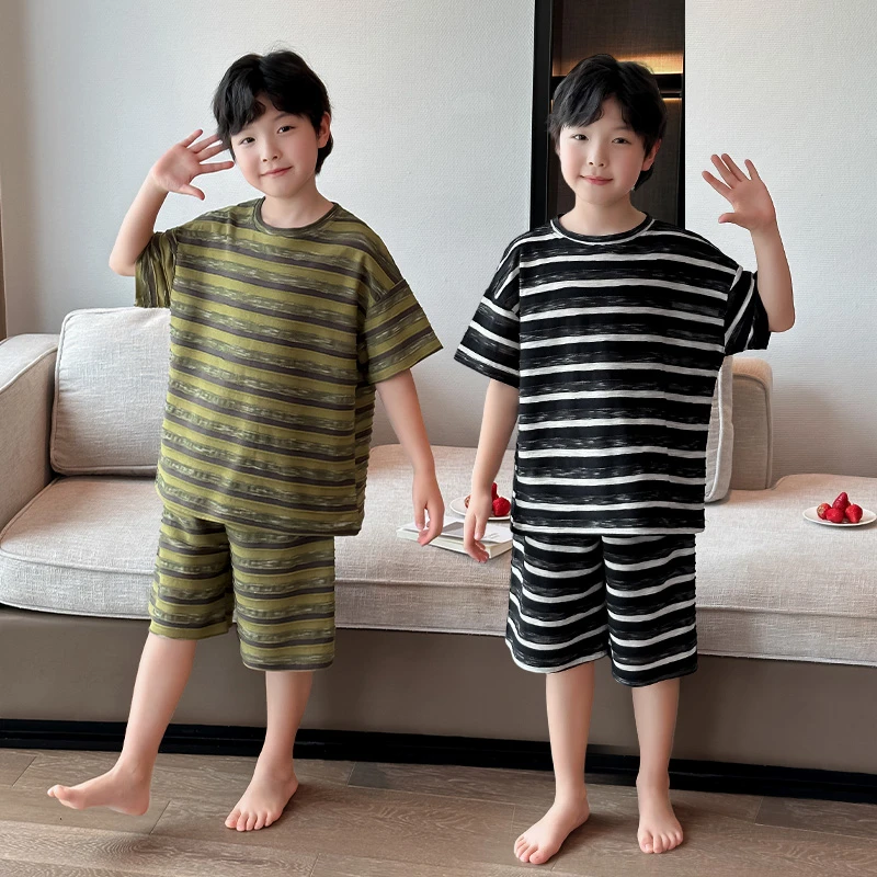 男童睡衣夏季2025新款中大童条纹家居服短袖短裤男孩可外穿空调服