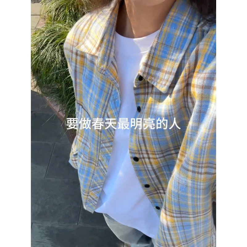 cleanfit黄蓝格子衬衫男女款春夏季美式情侣外套宽松叠穿长袖衬衣