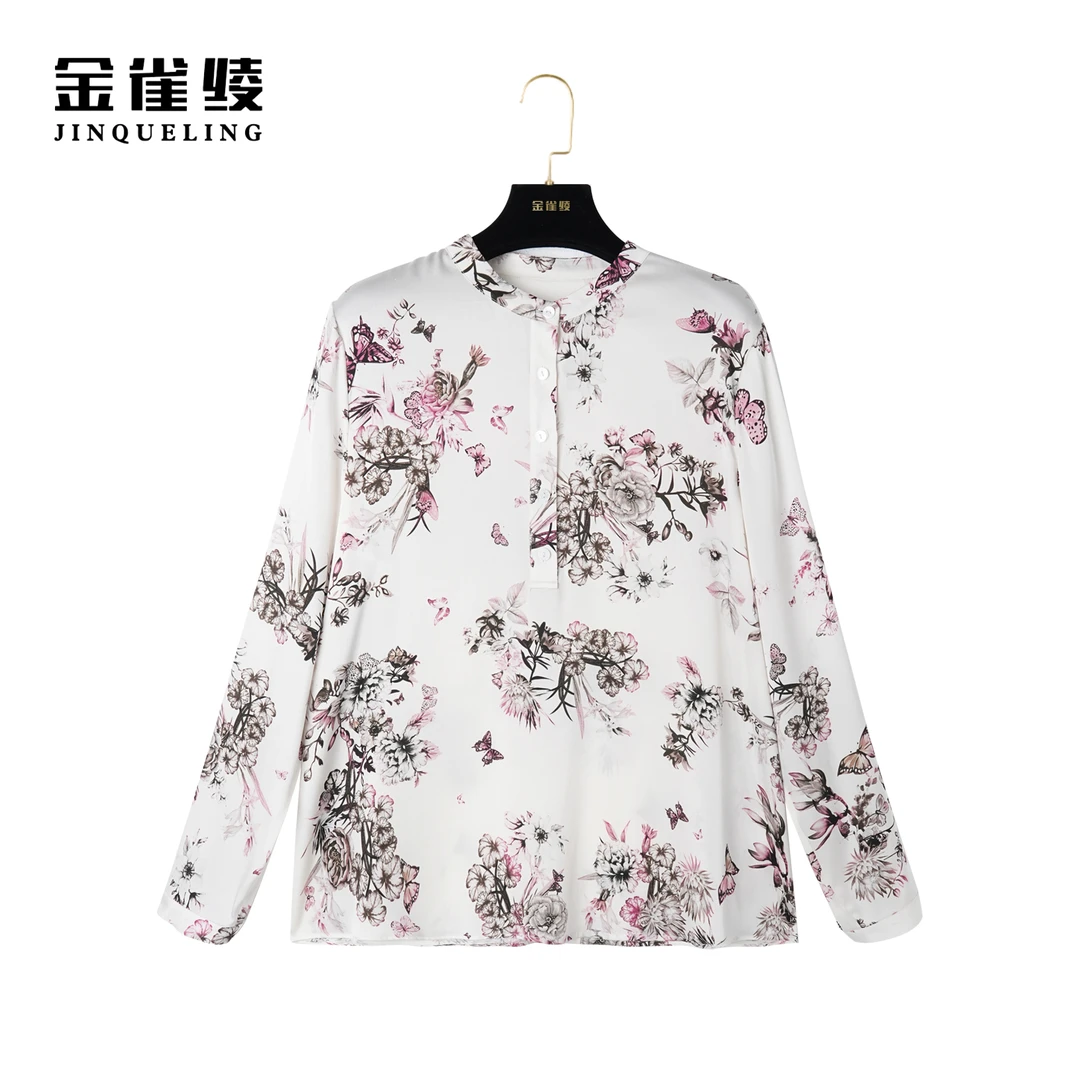 金雀绫【花间蝶舞】早春新款真丝显瘦百搭印花衬衫B23142