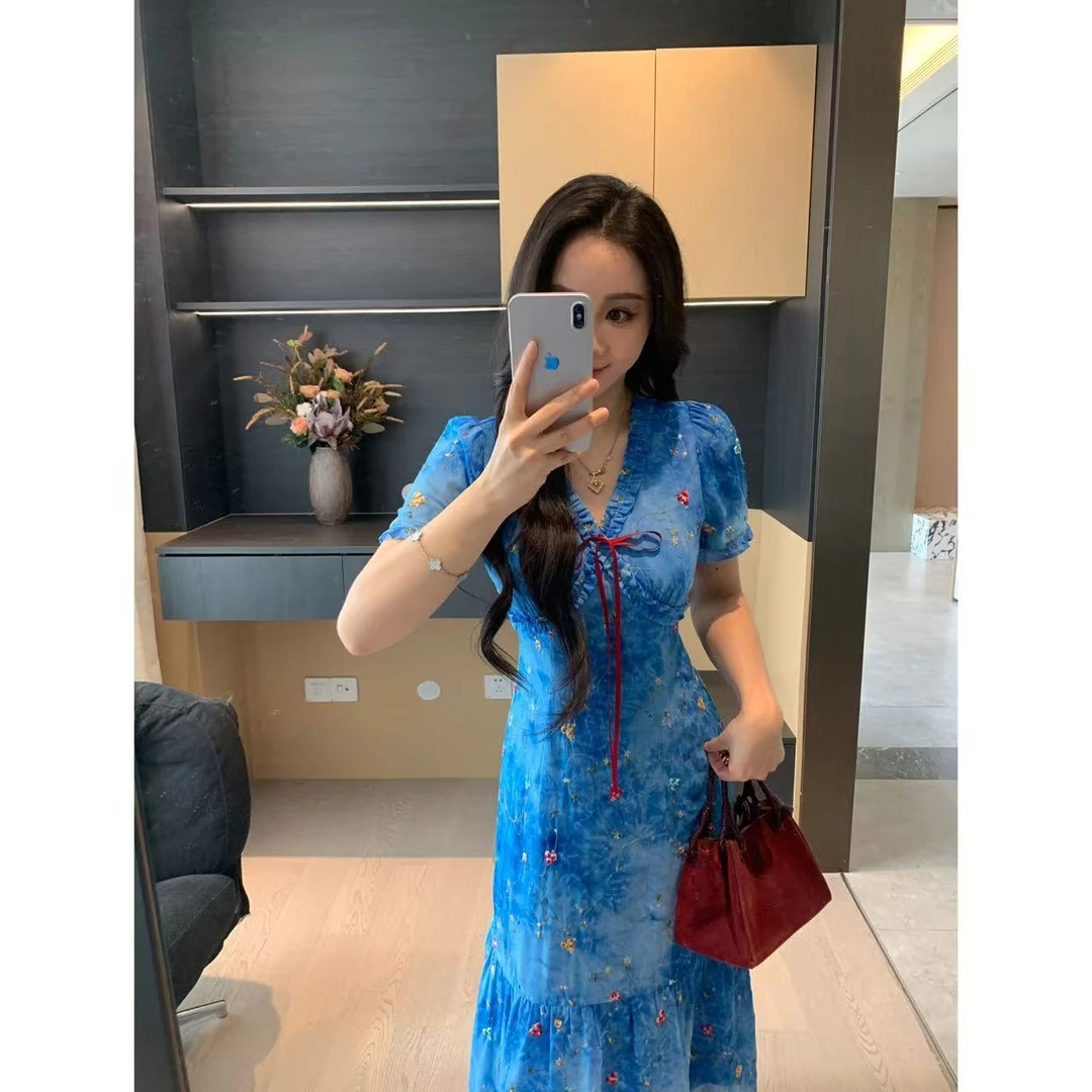 XINYI【蓝色大海的传说】夏季雪纺扎染连衣裙收腰显瘦X625Q06505