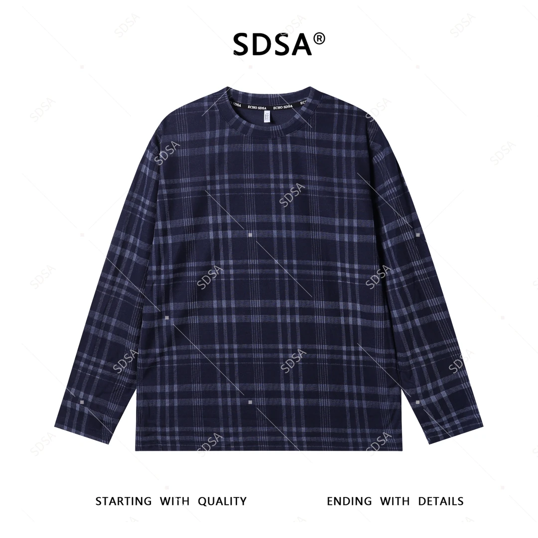 SDSA男士2025新款轻奢痞帅男装韩版格纹格子设计圆领长袖T恤时尚