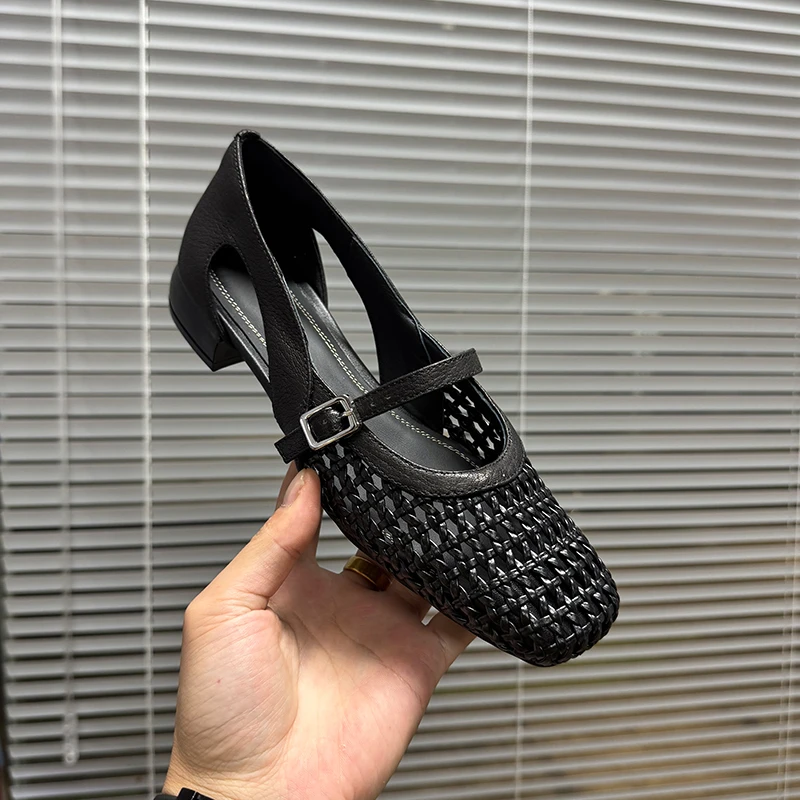 3cm/法式编织夏季透气粗跟单鞋女舒适方头软底软面一字带镂空女鞋