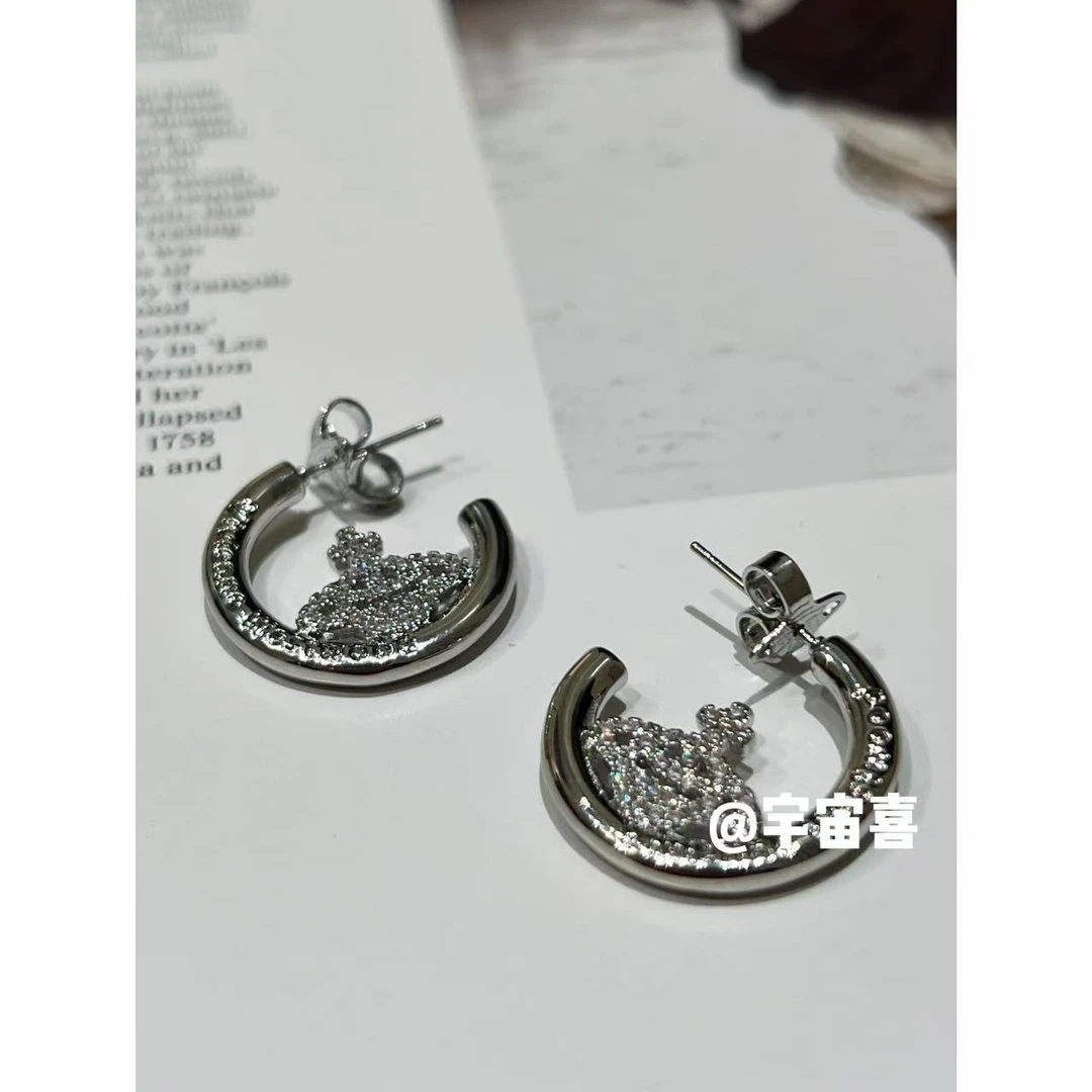 铜合金锆石耳饰 Q1-020【白锆线条星球c字月亮耳圈耳钉】