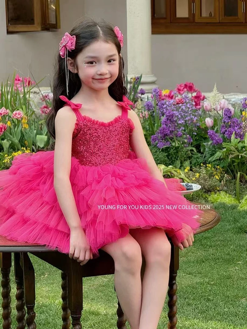 芭比女童公主礼服裙2025夏季新款节日洋气女孩重工亮片公主连衣裙