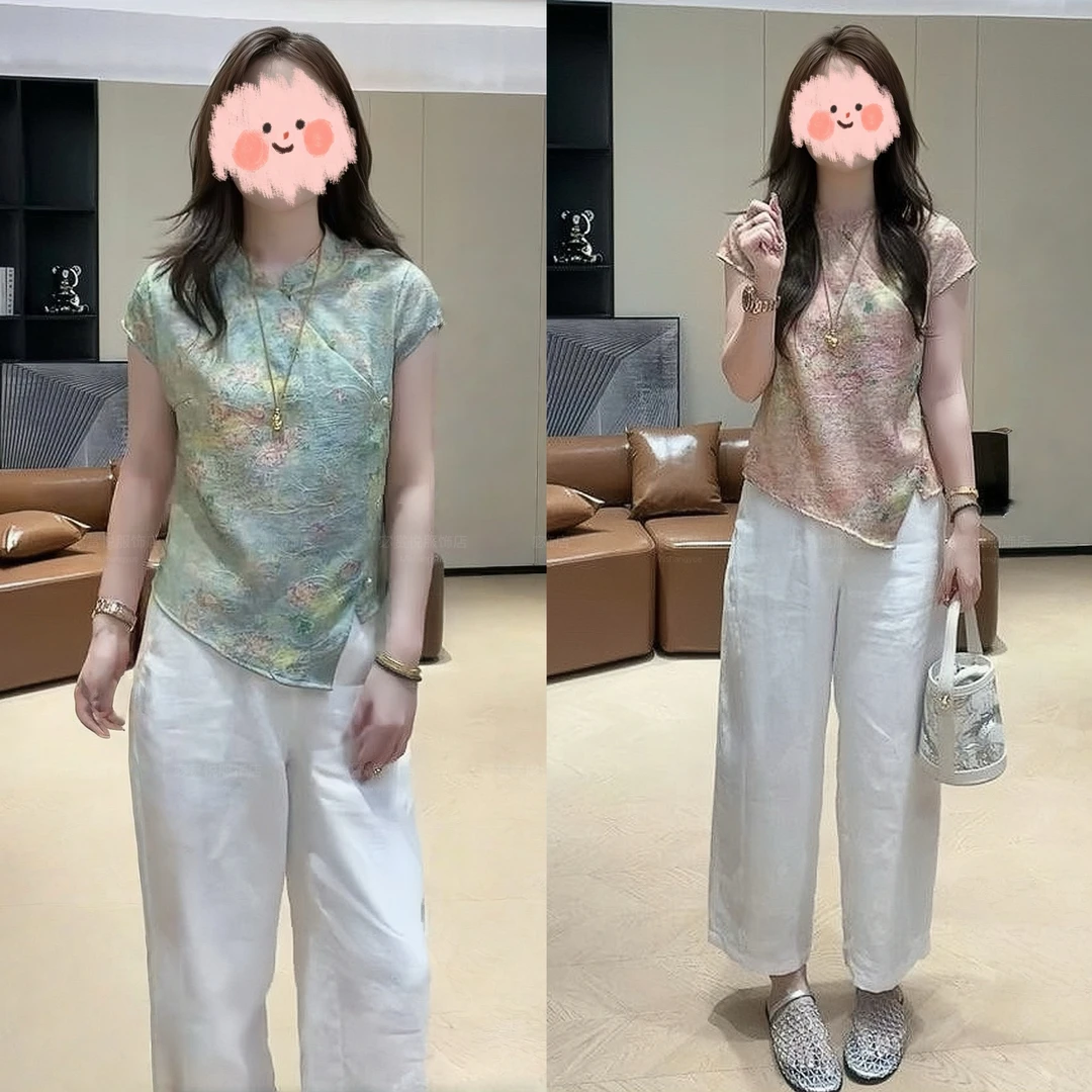 2025夏季新款新中式透气国风提花设计感时尚上衣百搭阔腿裤套装女