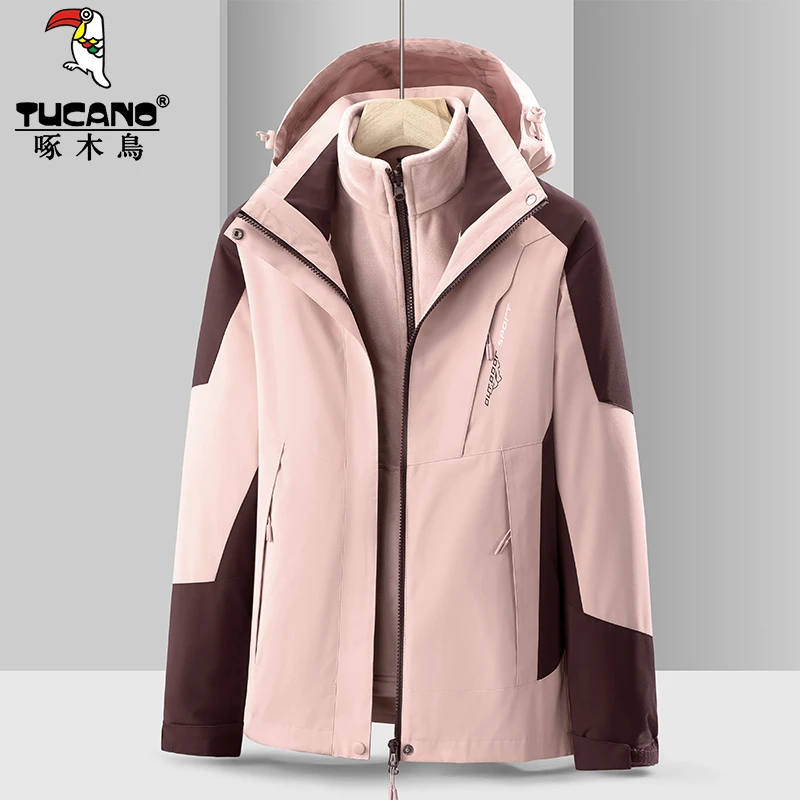 啄木鸟户外冲锋衣女款外套三合一可拆卸2025新款秋冬宽松加绒加厚