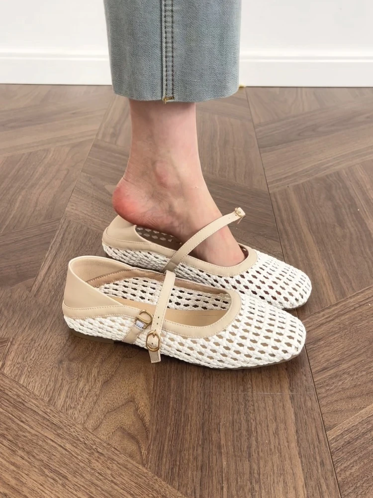 ZHZG｜炒软底~夏季编织镂空平底鞋圆头透气可踩跟一字带单鞋女