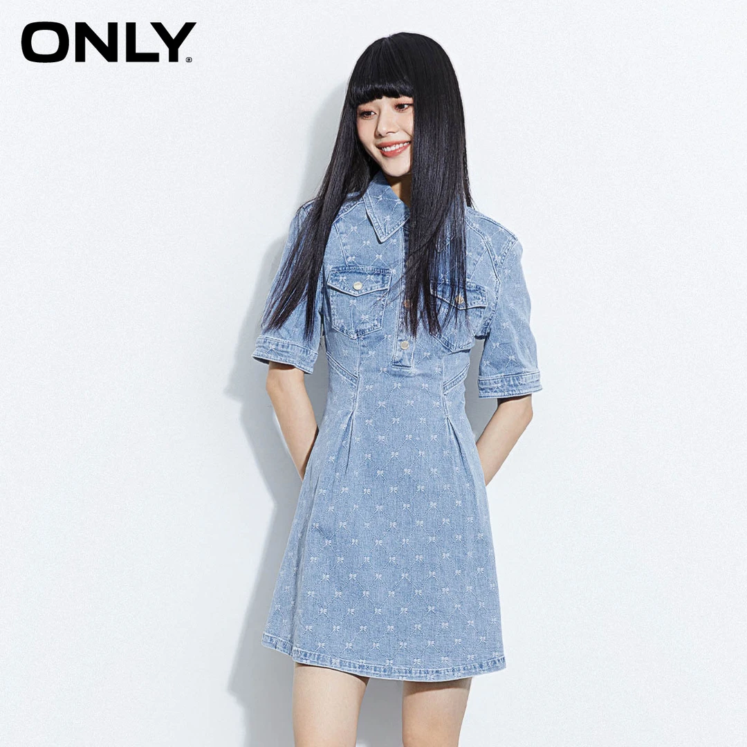 ONLY秋季新款法式收腰显瘦翻领短款牛仔连衣裙女|123142050