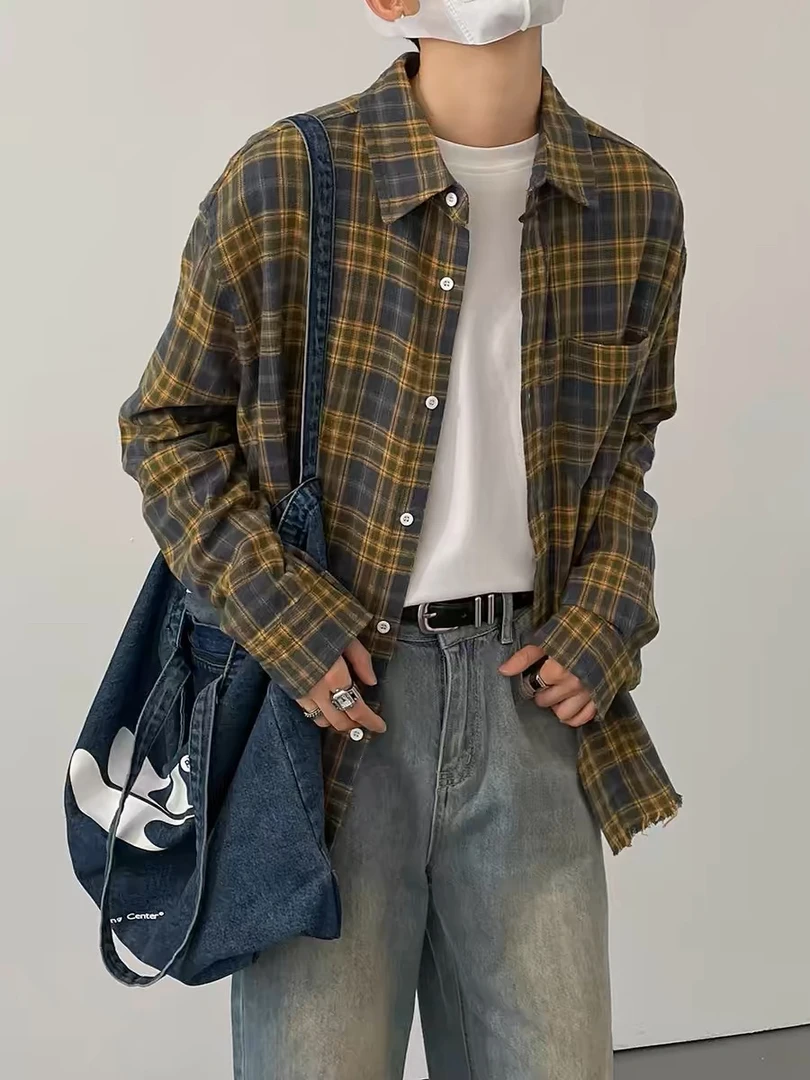 春夏季韩版vintage时髦复古做旧毛边黄格子长袖衬衫男士宽松衬衣
