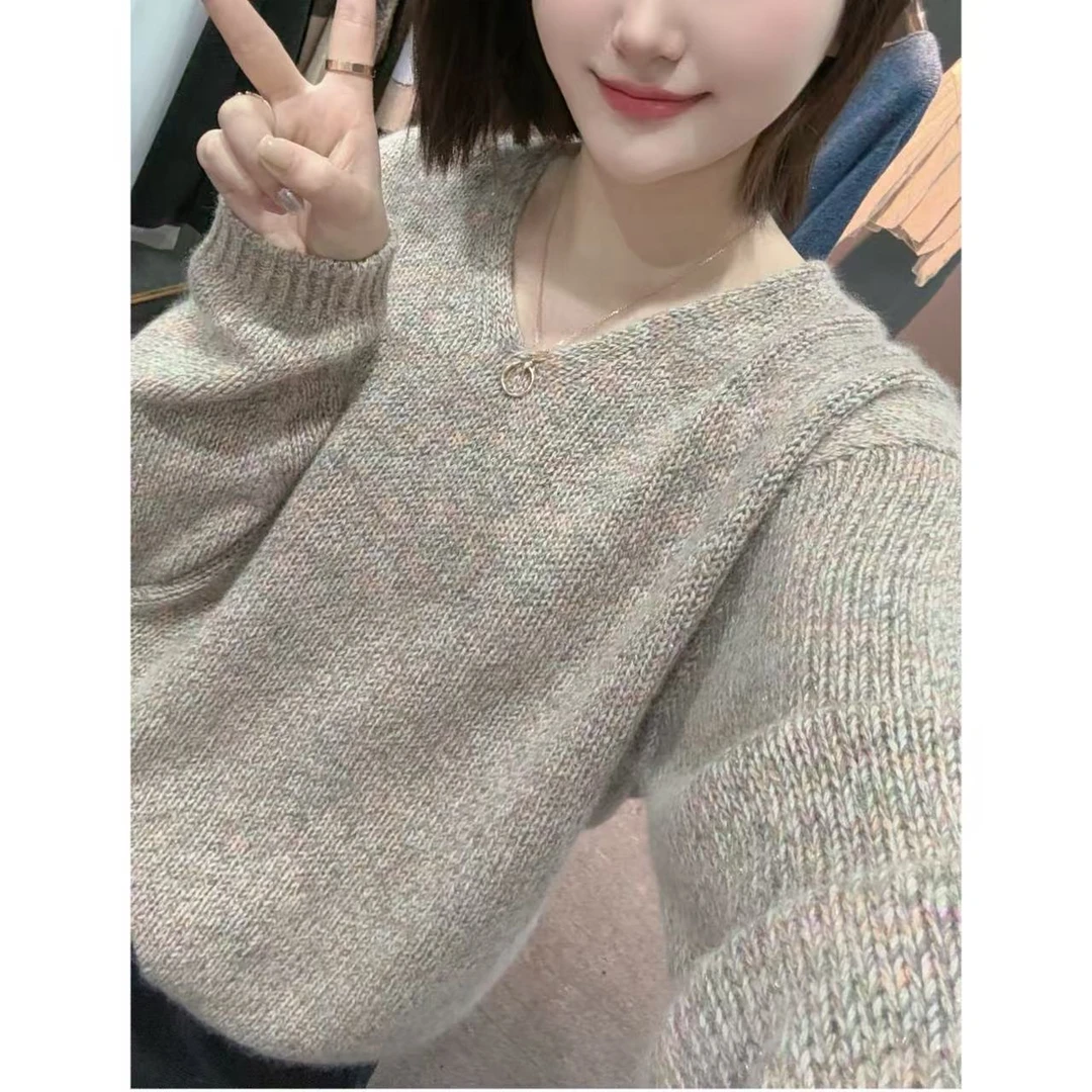 【早秋V领】~时尚慵懒风软糯圆领大版毛衣女长袖针织衫上衣花纱