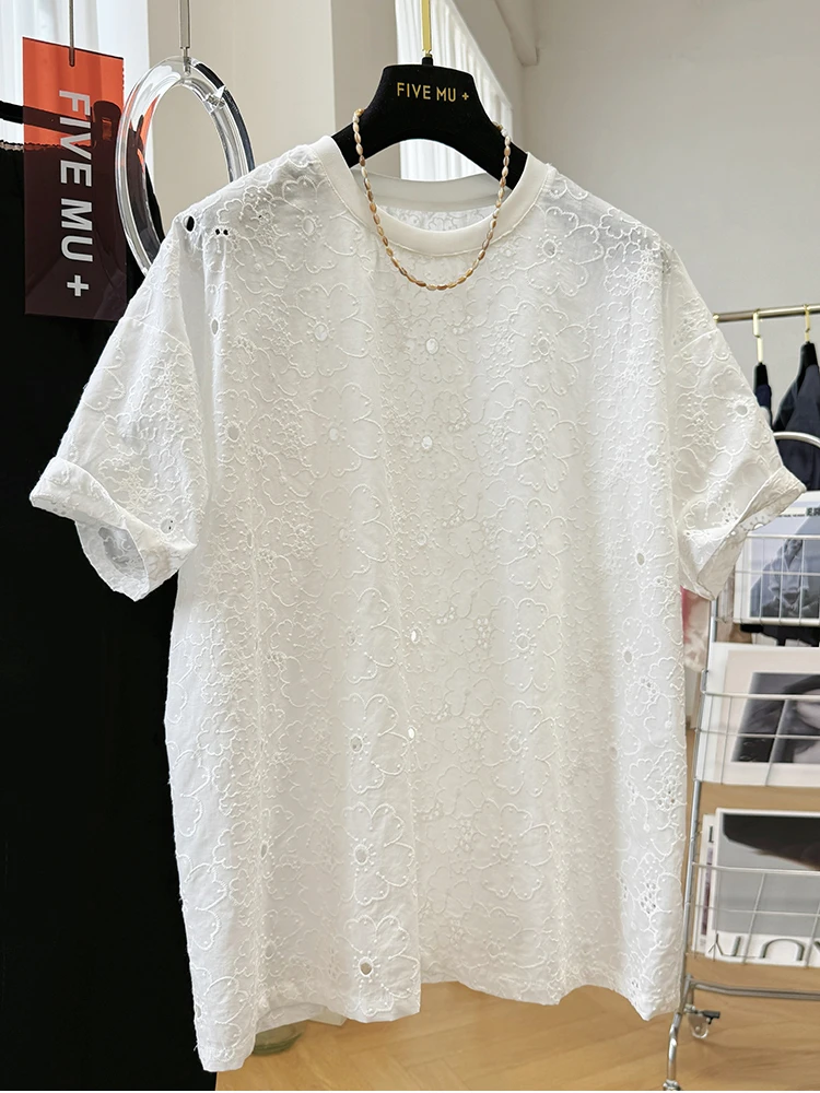 大码240斤镂空微透蕾丝T恤女夏2025新款宽松洋气小衫大版短袖上衣