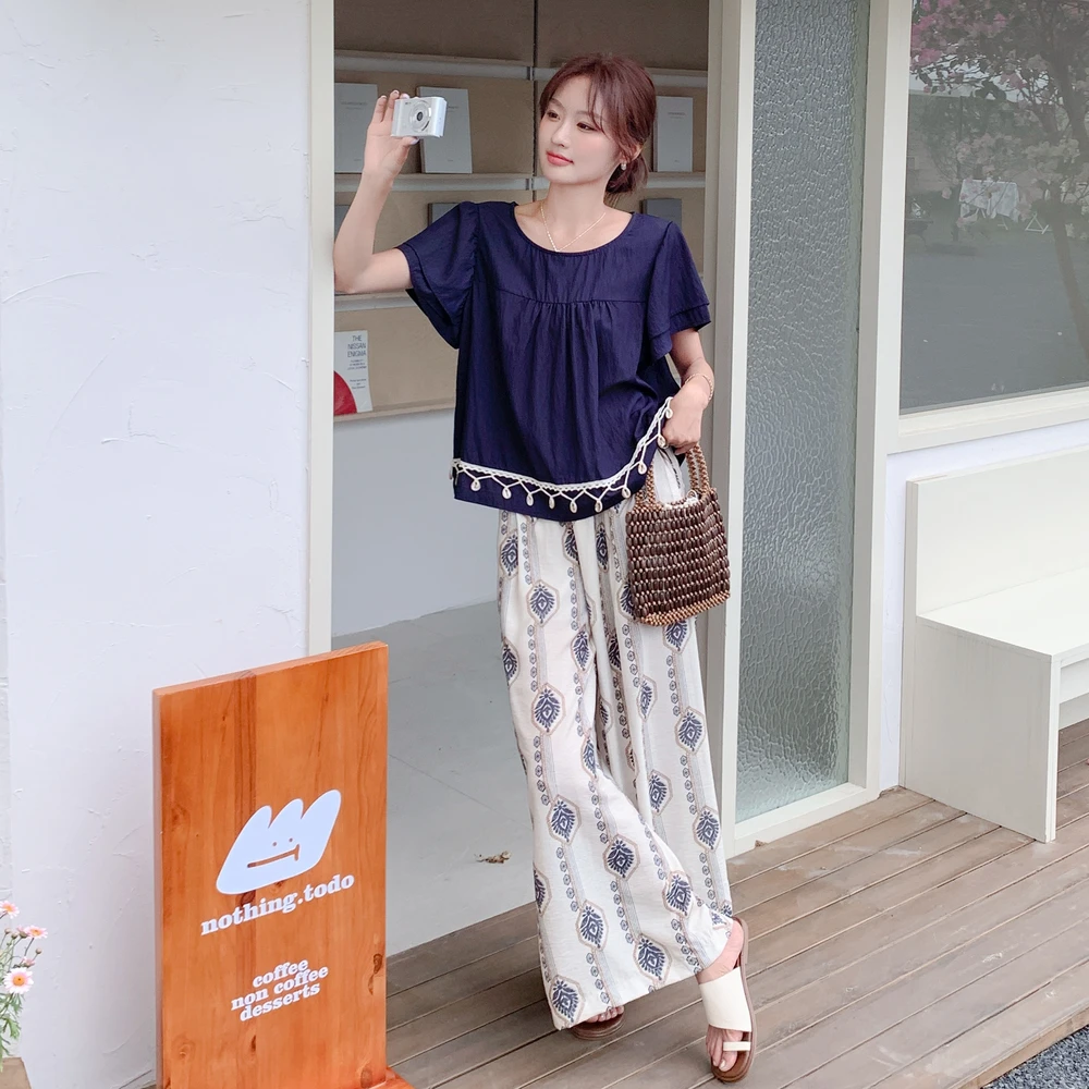 五一减龄一整套穿搭爆款大方得体巨好看夏绝美短袖上衣阔腿裤套装