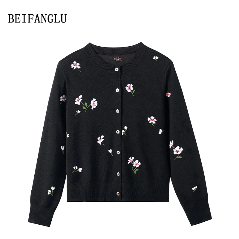 北方鹿 L*商场髙货/100精纺羊毛早秋气质花朵提花针织开衫251201